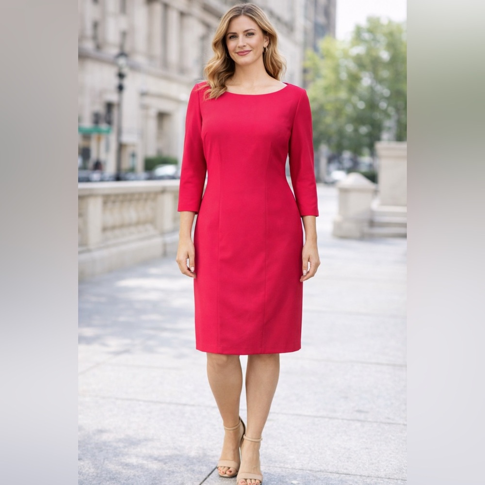 WHBM Sheath Dress 12 Ponte Pink Stretch 3/4 Long Sleeve Career Church Washable